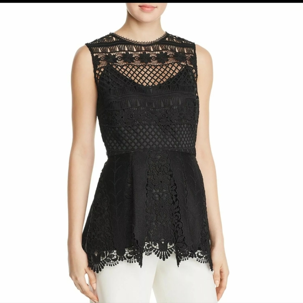 ELIE TAHARI Alessandra Floral Lace Peplum Sleeveless Blouse in Black Size 6 - Picture 1 of 13
